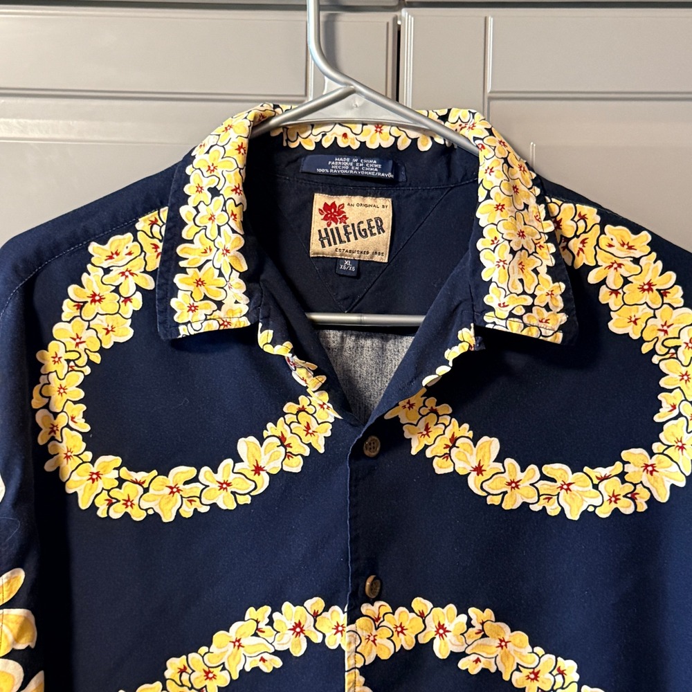 Tommy Hilfiger Vintage Mens Hawaiian Lei Hula‎ Girl Aloha Shirt, Navy Yellow, XL - Picture 9 of 13